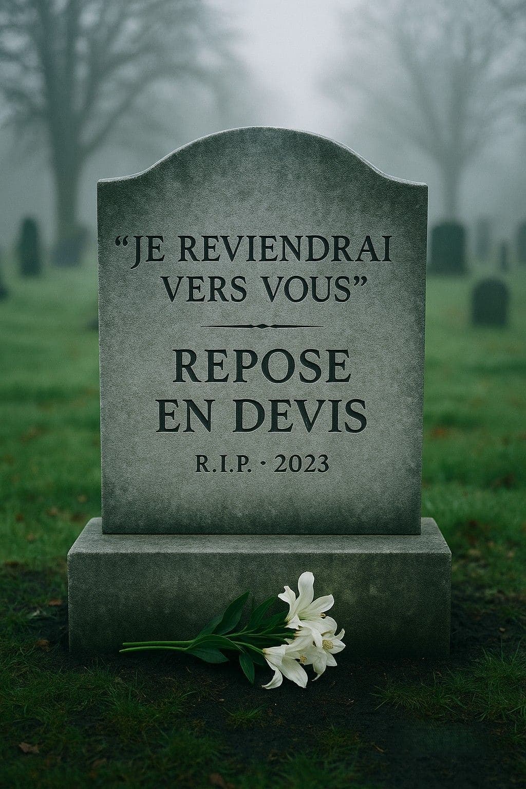 Pierre tombale — Je reviendrai vers vous, Repose en devis, R.I.P. 2023